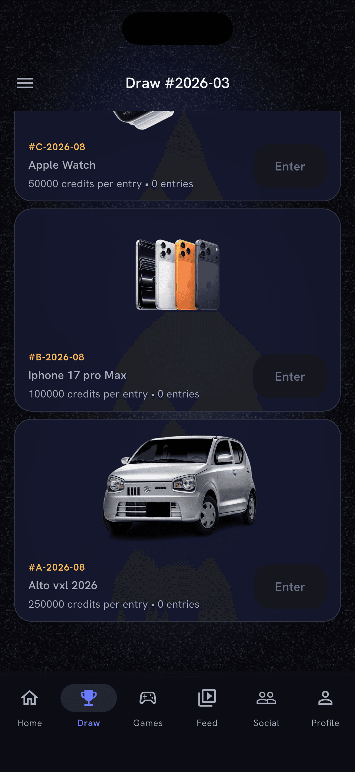 The real Draw screen in the Kurandaz app, showing open monthly entries