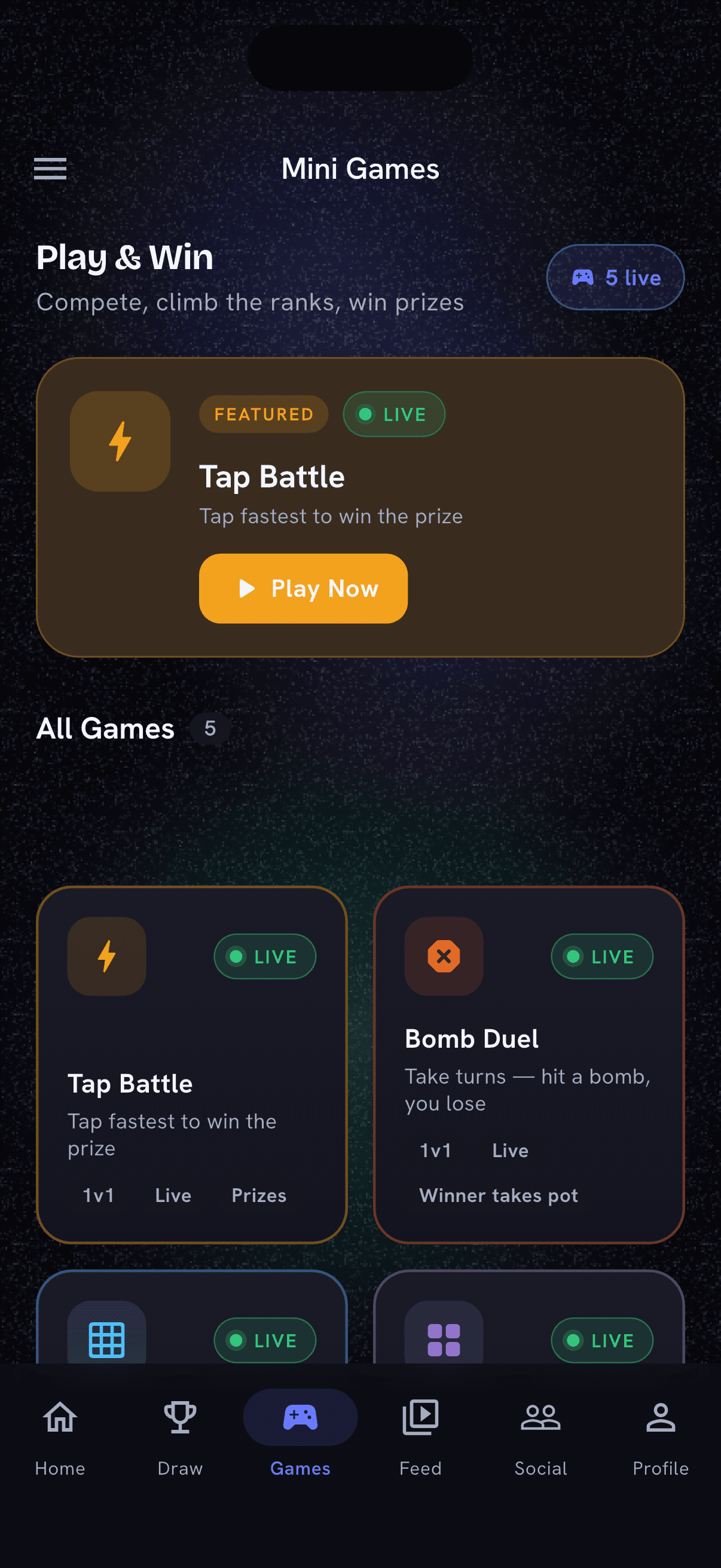 The real Games hub screen in the Kurandaz app