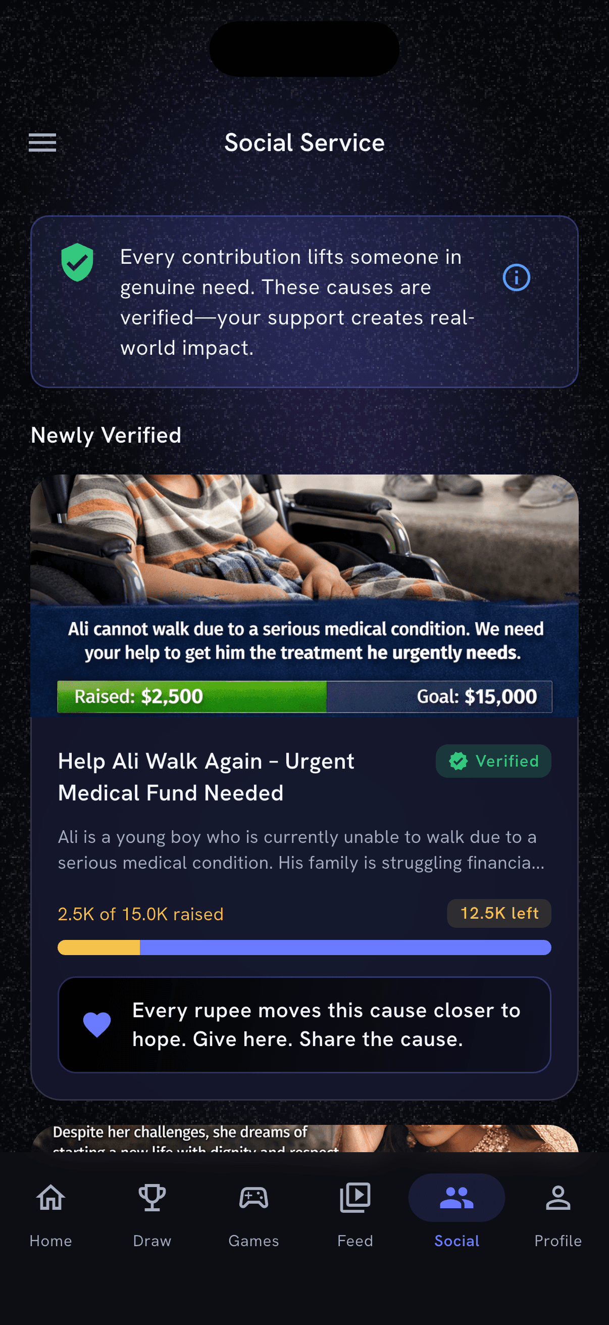 The real Social Service screen in the Kurandaz app, showing a verified case