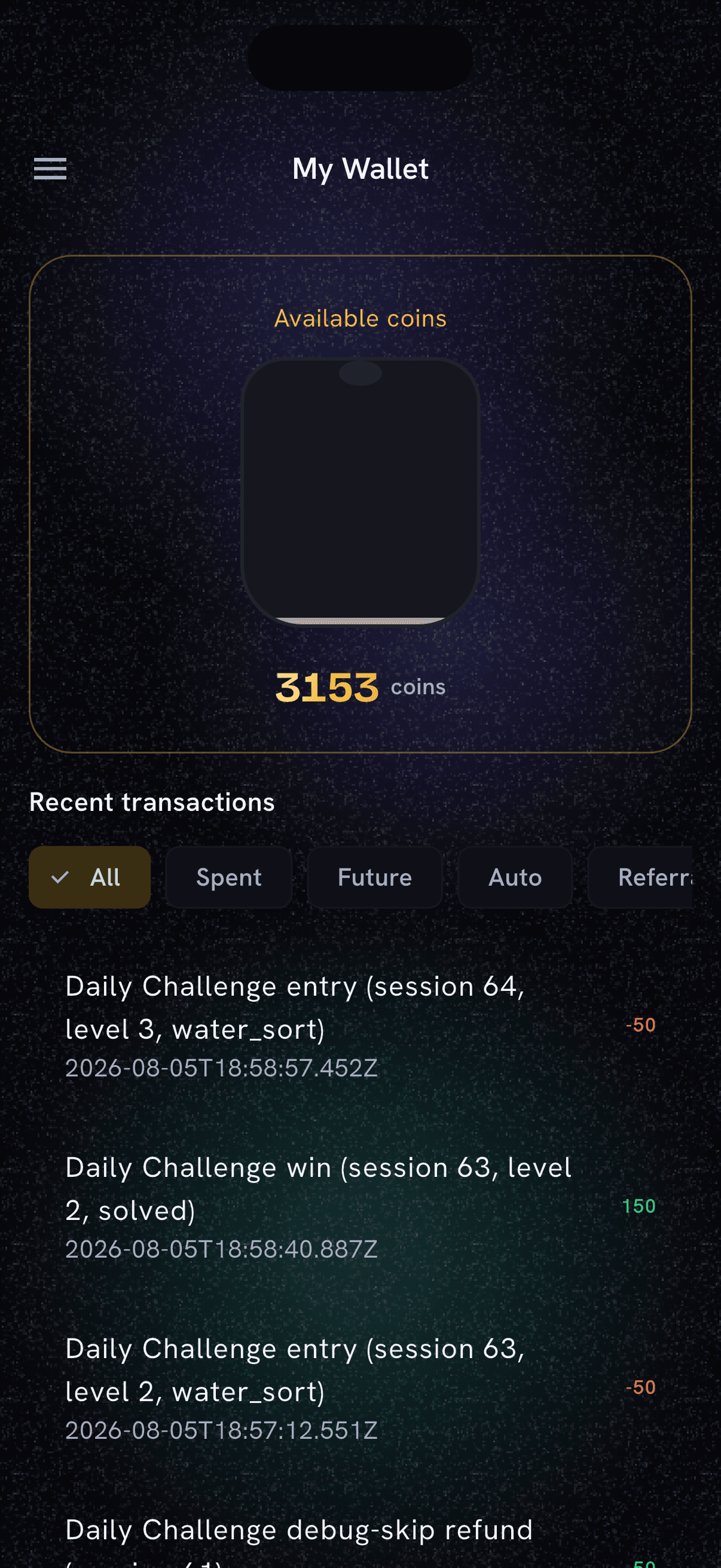 The real Wallet screen in the Kurandaz app